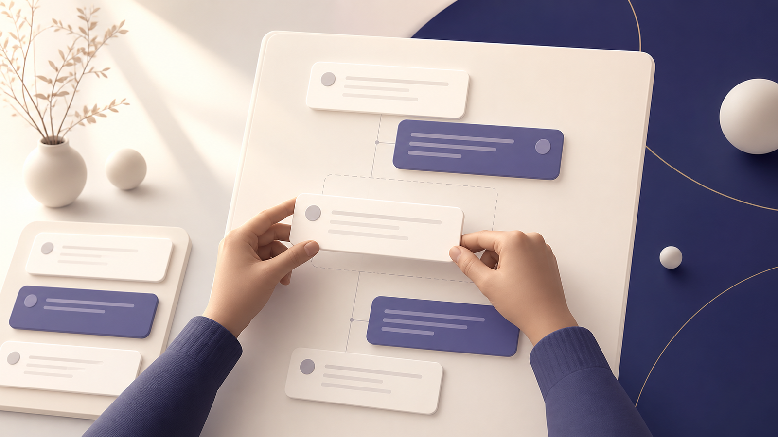 Modular AI chat message cards being assembled into a conversation