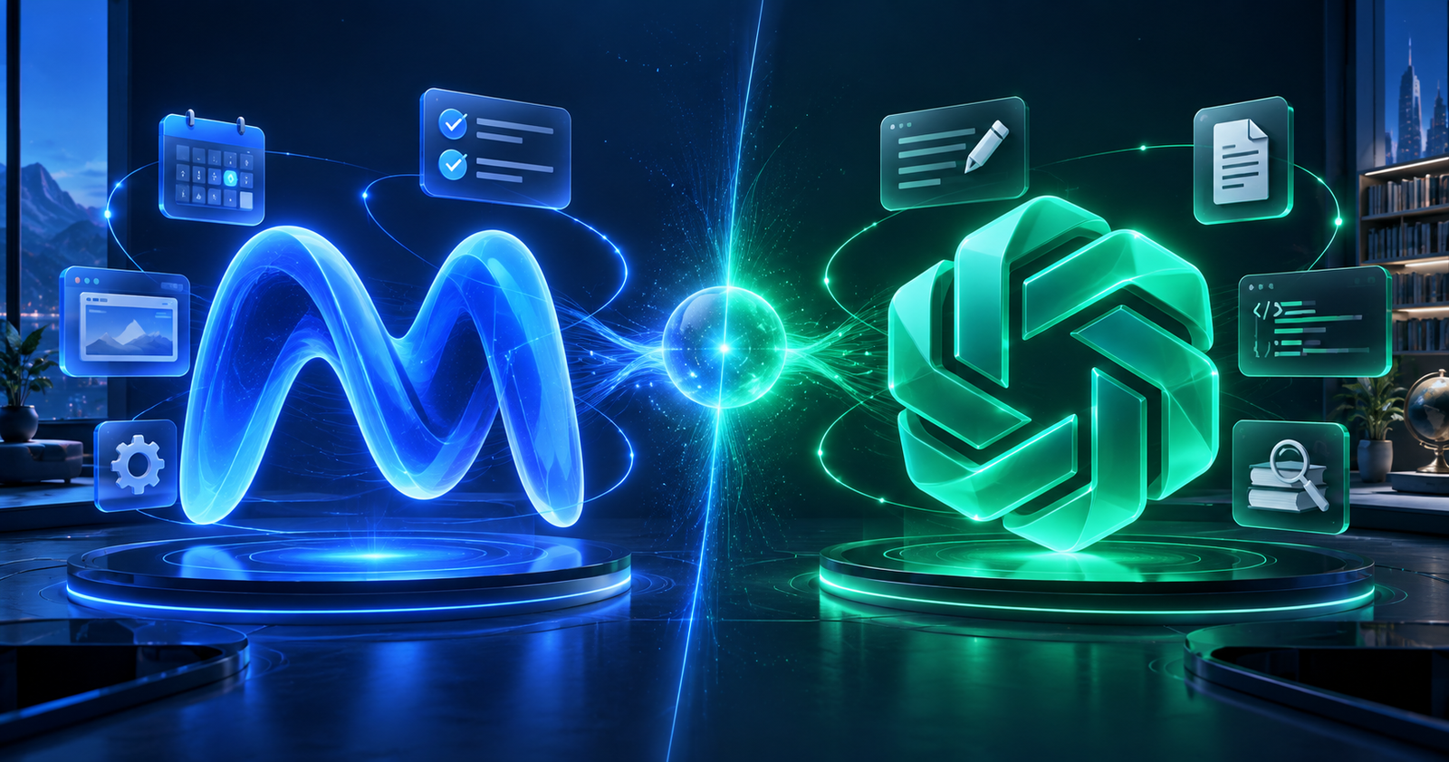 Blue personal AI agent and green conversational AI assistant shown in a side-by-side comparison