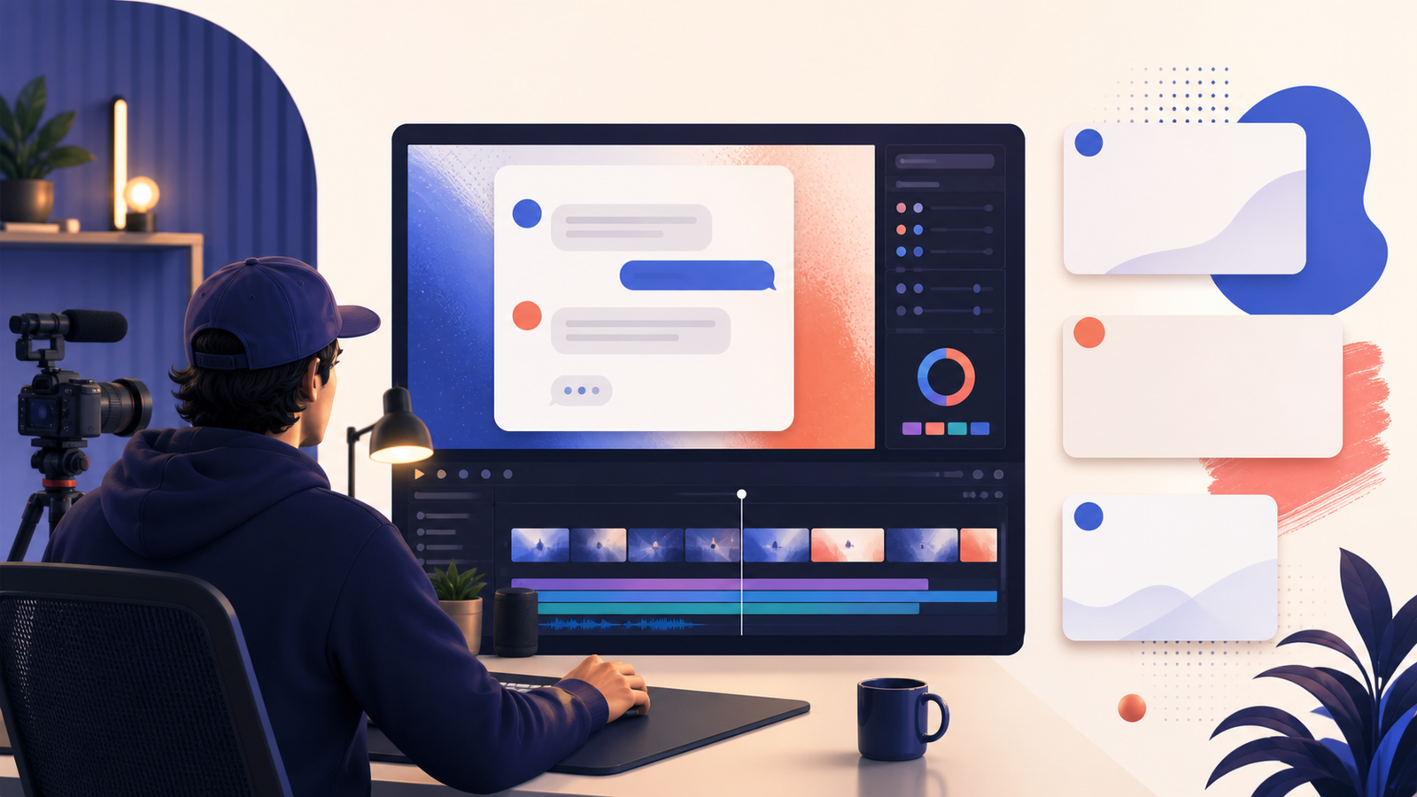 A creator workspace using an AI chat mockup in a video content layout